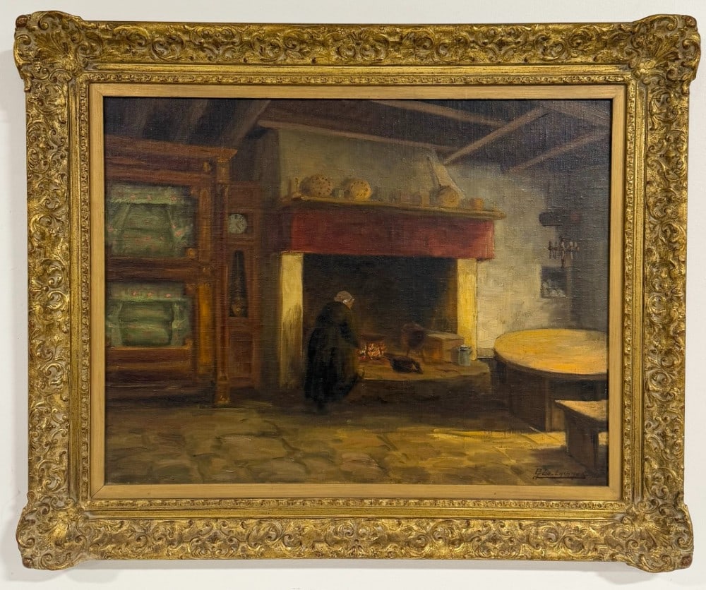 1927 Geo Lachaux Interior Fireplace Scene Oil On Canvas Painting: Oil on board painting by listed Spanish artist Geo Lachaux (Born 1891). The painting features an interior fireplace scene. Signed and dated in the lower right. Sight measures approximately 25" across