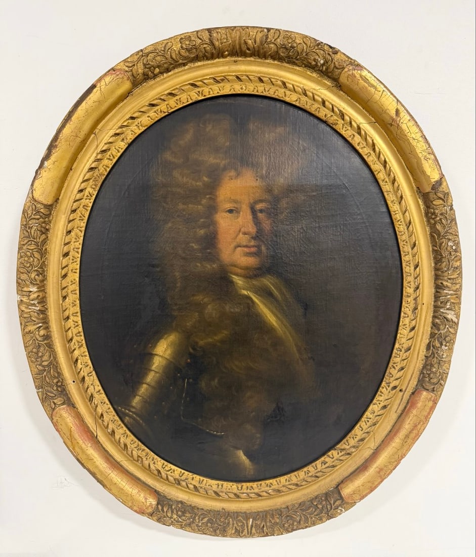 Sir Godfrey Kneller Portrait Of General John Churchill Oil On Canvas Painting: Oval oil on canvas painting by listed United Kingdom, England, Germany artist Sir Godfrey Kneller (1646-1723). The painting features a portrait of General John Churchill. Churchill held many titles in
