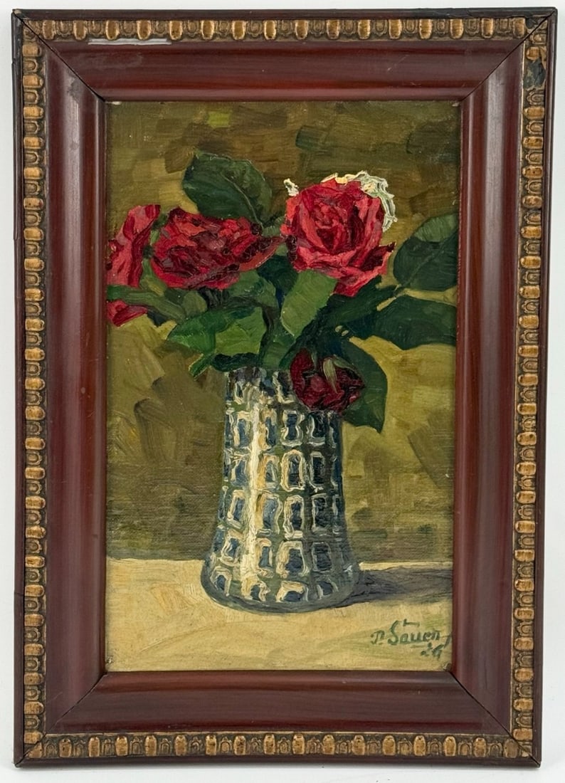 1926 P. Sauen Rose Still Life Oil On Canvas Board Painting: 1926 oil on canvas board painting by artist P. Sauen. The painting features a rose still life. Signed and dated in the lower right. Sight measures approximately 7-1/2" across x 12-1/4" tall, framed me