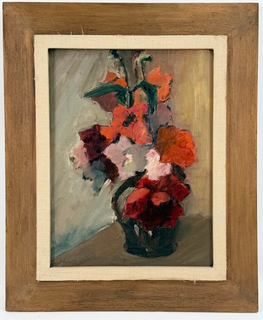 Signed Mid-Century Modernist Floral Still Life Oil On Board Painting (1 of 4)