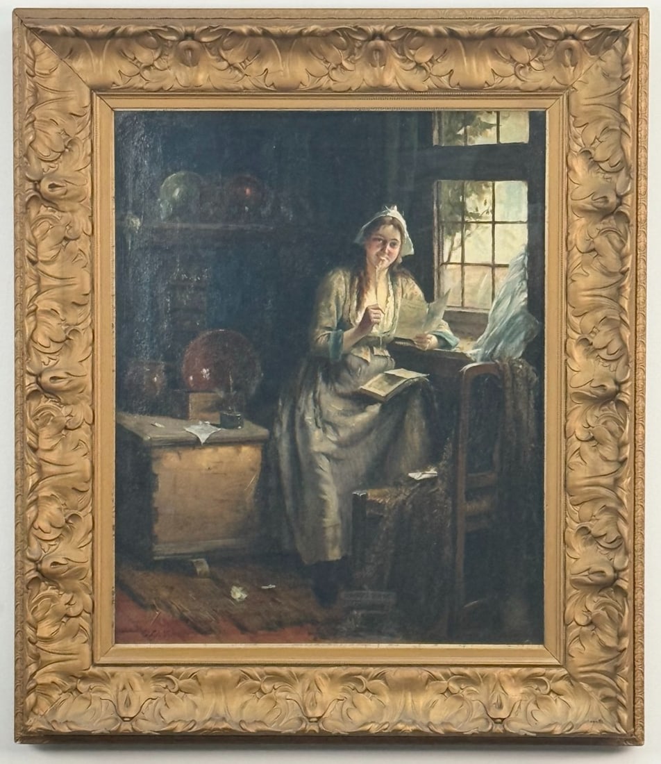 19th Century O.L. Verioux Young Woman Writing Letters Oil Painting On Canvas: Oil on canvas painting by 19th century European artist O.L. Verioux. The painting features a young woman writing letters. Signed in the lower left. Sight measures approximately 17-1/2" across x 21-1/2