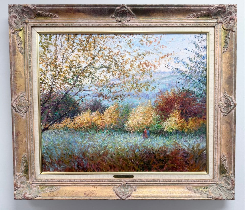 Jeanette Leuers "Colours Of September" Oil Painting On Canvas: Beautiful oil on canvas painting by listed French artist Jeanette Leuers (Born 1942). The painting is titled "Colours of September" and features an early fall landscape with people walking. Signed in