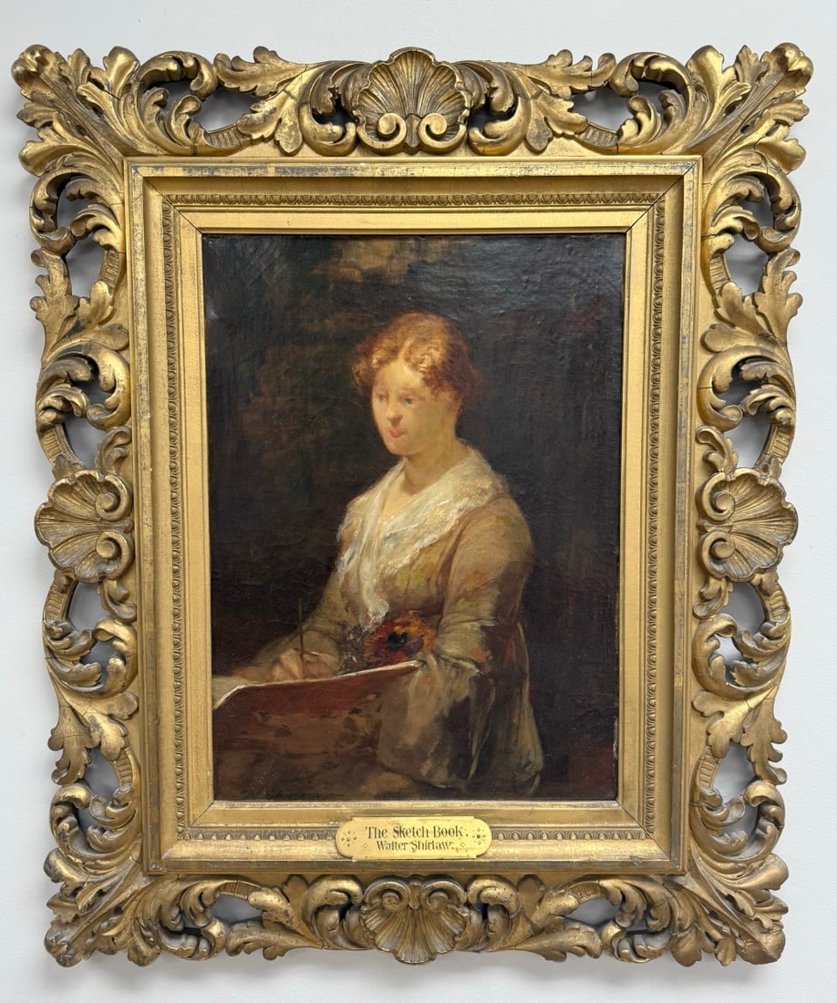Walter Shirlaw "The Sketch Book" Oil Painting On Canvas: Oil on canvas painting by listed Illinois, Spain, Scotland artist Walter Shirlow (1838-1909). The painting is titled "The Sketch Book" and features a young woman with a sketch book. Signed in the lowe