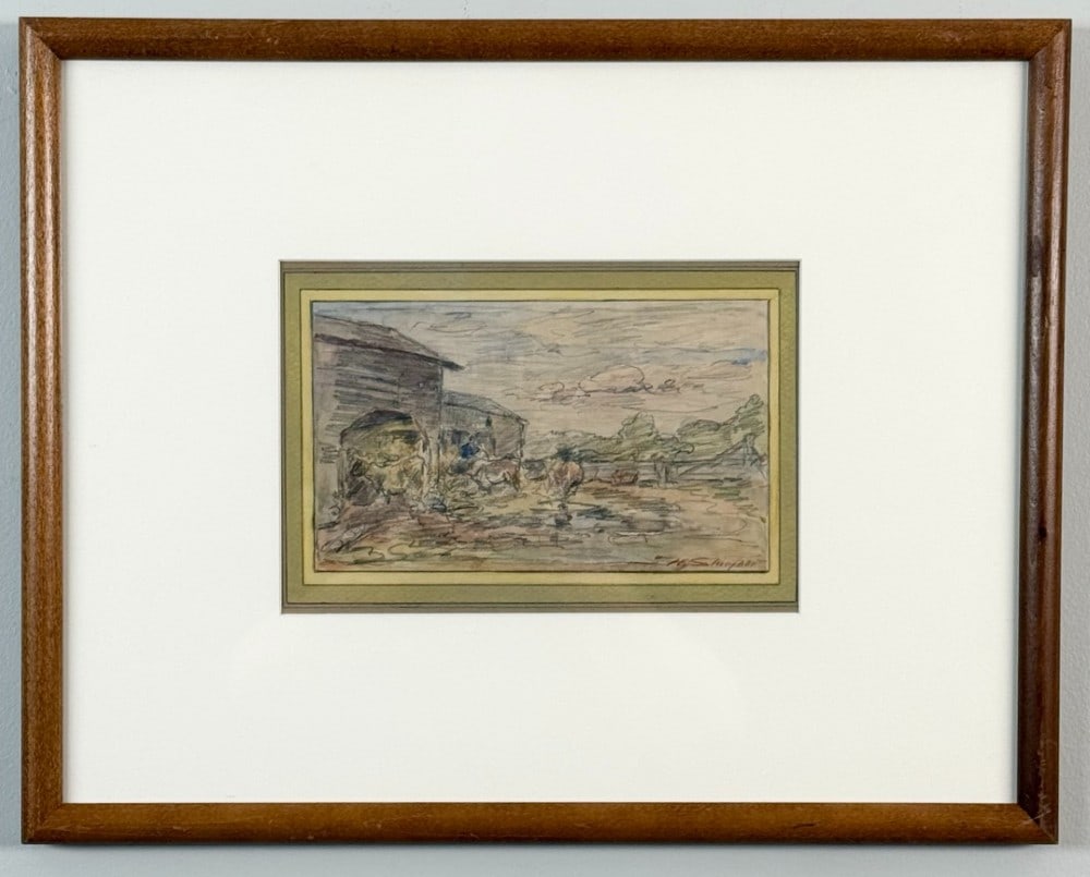 Walter Shirlaw Bringing Cows To The Barn Watercolor Painting On Paper: Watercolor on paper painting by listed Illinois, Spain, Scotland artist Walter Shirlow (1838-1909). The painting features cows being brought to a barn. Signed in the lower right. Sight measures approx