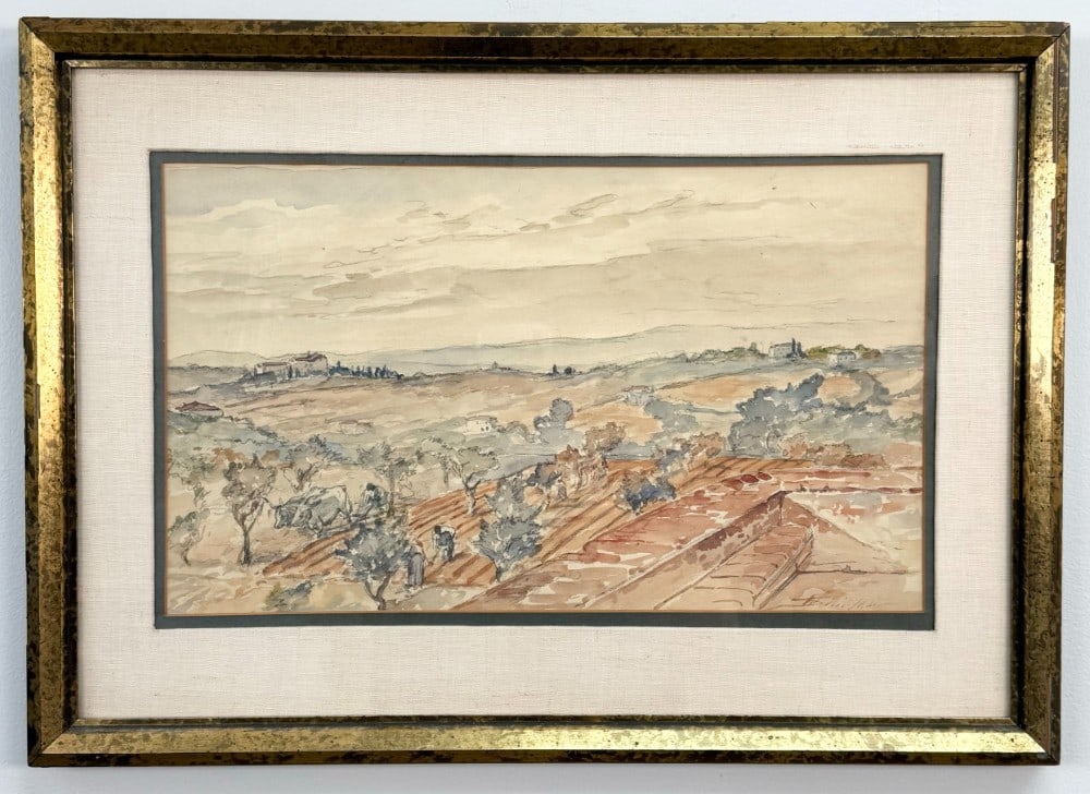Walter Shirlaw Farm Landscape Watercolor Painting On Paper: Watercolor on paper painting by listed Illinois, Spain, Scotland artist Walter Shirlow (1838-1909). The painting features people working a farm and livestock. Signed in the lower right. Sight measures