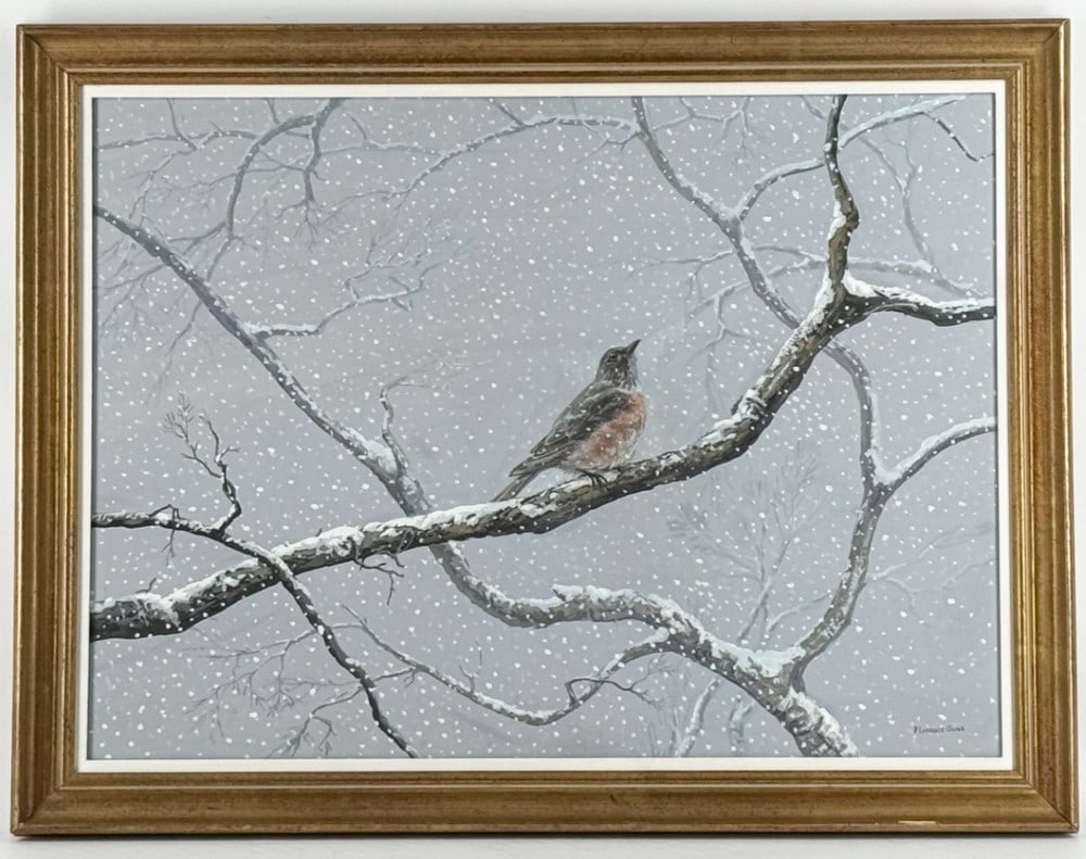 Florence Vickery Guise "First Day Of Spring" Oil On Board Painting: Oil on board painting by listed Illinois artist Florence Vickery Guise. The painting features a bird in a tree and is titled "First Day Of Spring". Signed in the lower right. Sight measures approximat