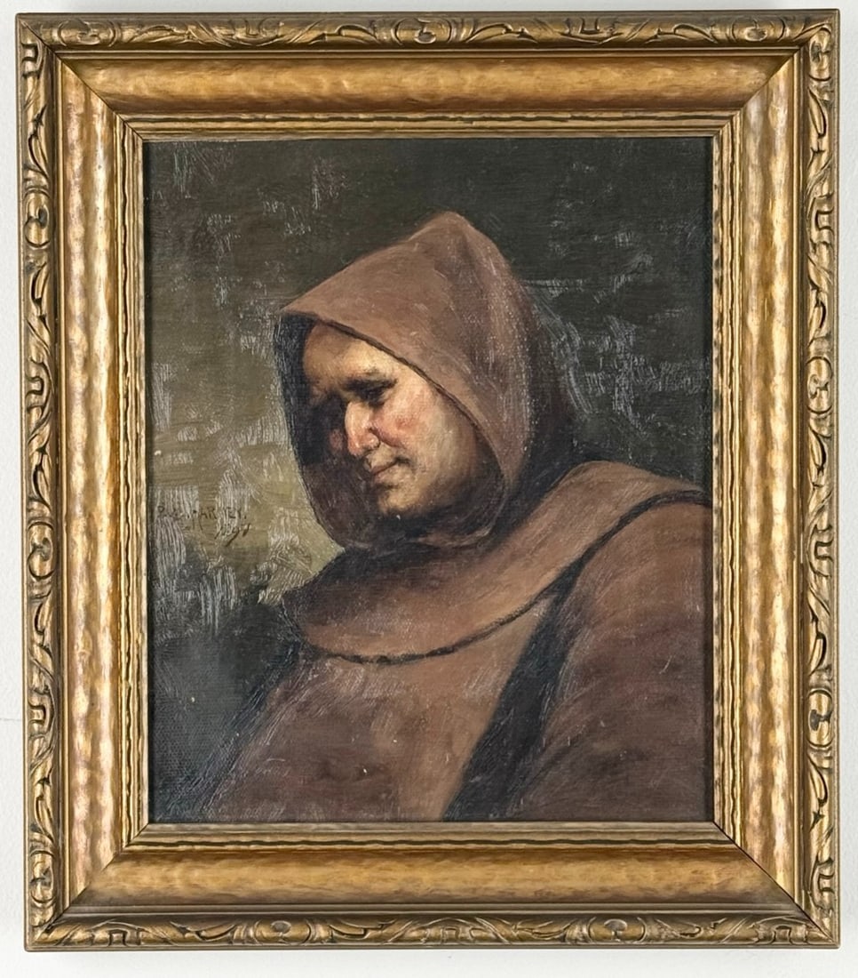 1897 Paul E. Harney Jr. Portrait Of A Monk Oil Painting On Canvas: 1897 oil on canvas painting by listed Illinois / Missouri artist Paul E. Harney Jr. (1850-1915). The painting features a portrait of a monk and is signed and dated in the center left. Sight measures a