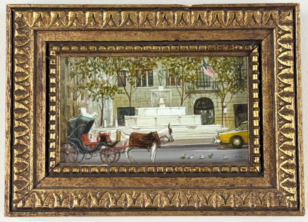 Signed E.W. Street Scene With Horse-Drawn Carriage & American Flag Miniature Oil On Board Painting: Miniature oil on board painting by artist E.W. The painting feature a fountain in front of a building with a horse-drawn carriage and a taxi on the street. The building in the background is flying the