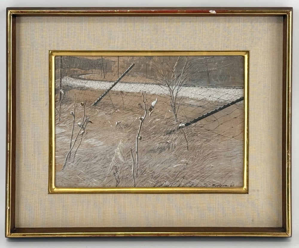 1963 Armand Merizon "Railroad Tracks" Oil On Board Painting: Oil on board painting by listed Michigan artist Armand Merizon (1920-2010). The painting features railroad tracks behind a wire fence. Signed and dated in the lower right. Sight measures approximately