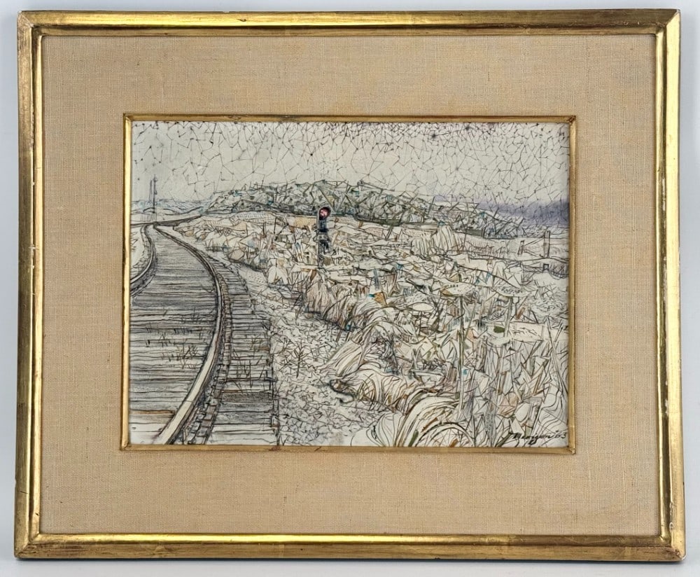 1963 Armand Merizon "Railroad Tracks" Oil On Board Painting: Oil on board painting by listed Michigan artist Armand Merizon (1920-2010). The painting features railroad tracks with a light. Signed and dated in the lower right. Sight measures approximately 11-1/2