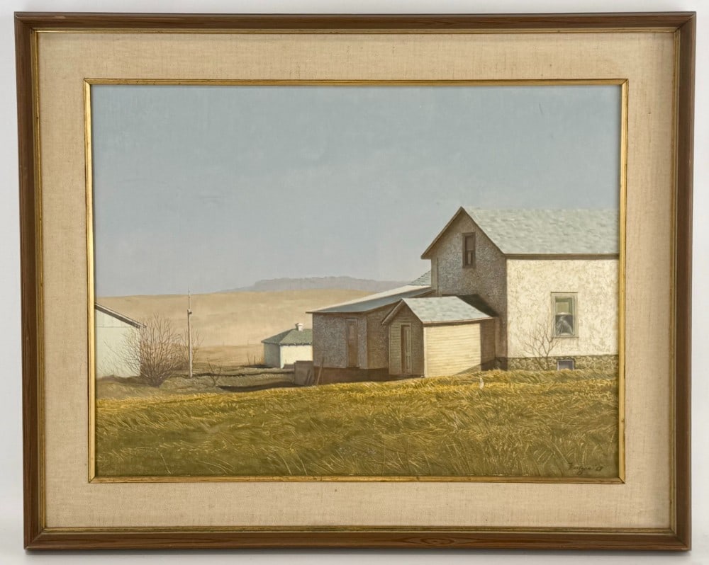 1968 Armand Merizon "Farm" Oil On Board Painting: Oil on board painting by listed Michigan artist Armand Merizon (1920-2010). The painting is titled "Farm" and features a rolling landscape. Signed and dated in the lower right. Sight measures approxim