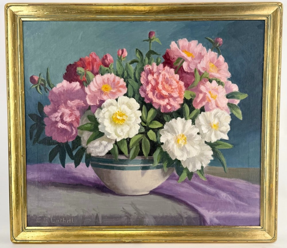 Edna S. Cathell "Floral Still Life" Oil On Canvas Painting: Oil on canvas painting by listed Indiana artist Edna S. Cathell (1867-1955). The painting features a floral still life with white, pink, and red flowers. Signed in the lower left. Sight measures appro