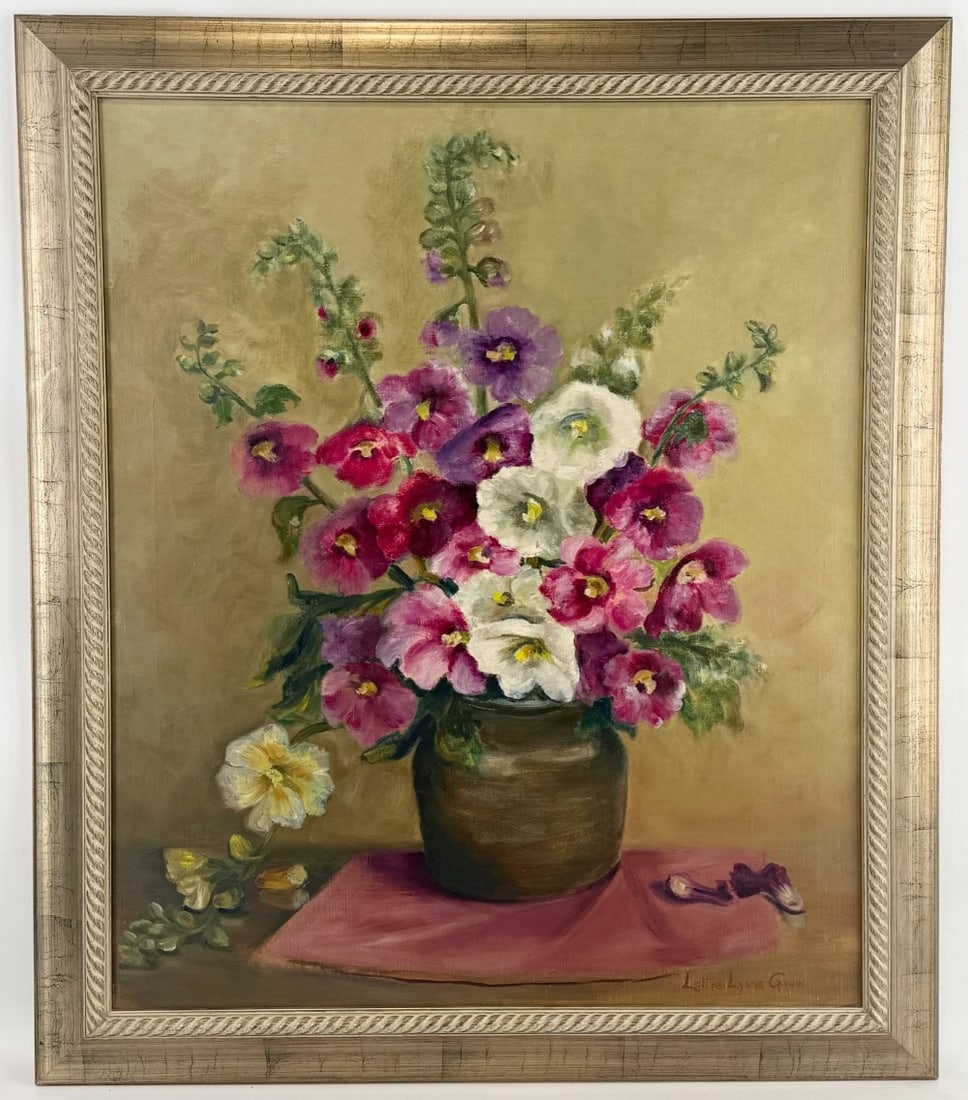 Lottie Grow "Floral Still Life" Oil On Canvas Painting: Oil on canvas painting by listed Indiana artist Lottie Grow (1883-1981). The painting features a floral still life with white, pink, purple, and red flowers. Signed in the lower right. Sight measures