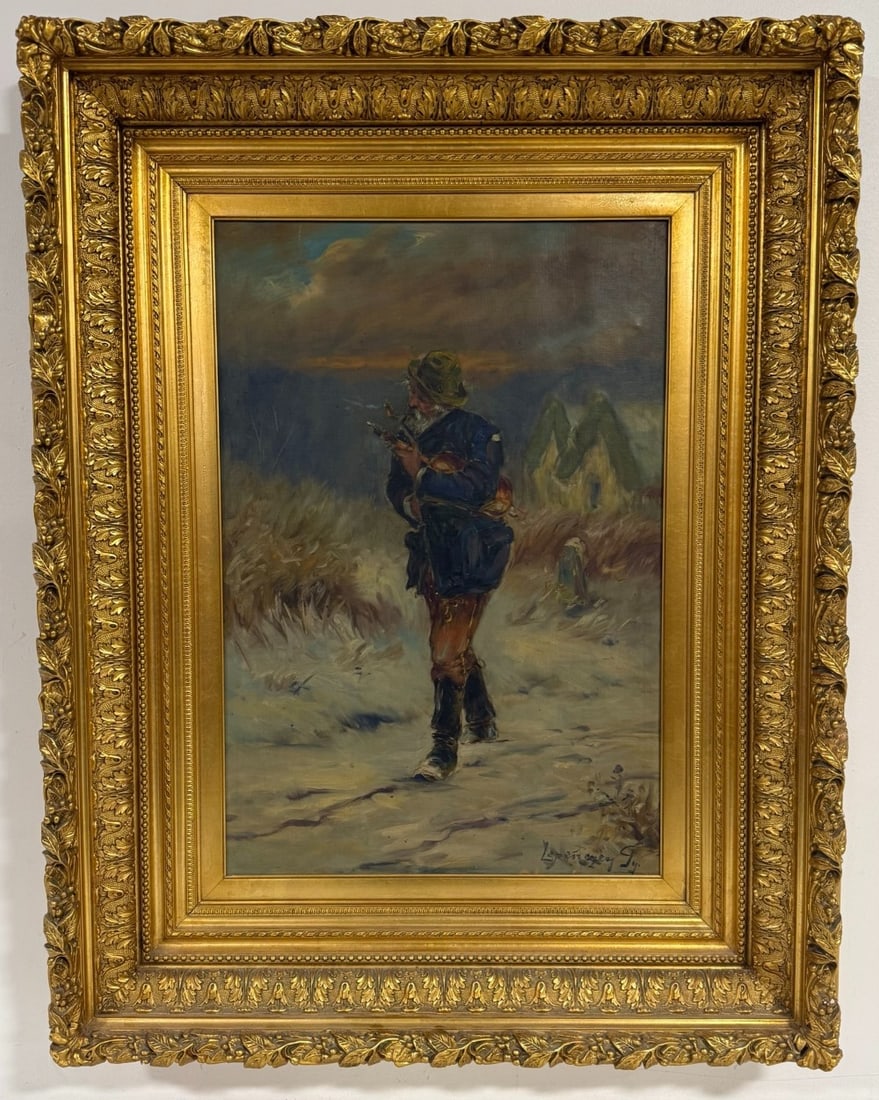 Signed Smoking Man With Violin Oil On Canvas Painting: Signed oil on canvas painting. The painting features an older smoking man walking outdoors holding a violin. Comes in a beautiful gold gilt frame. Signed in the lower right. Sight measures approximate