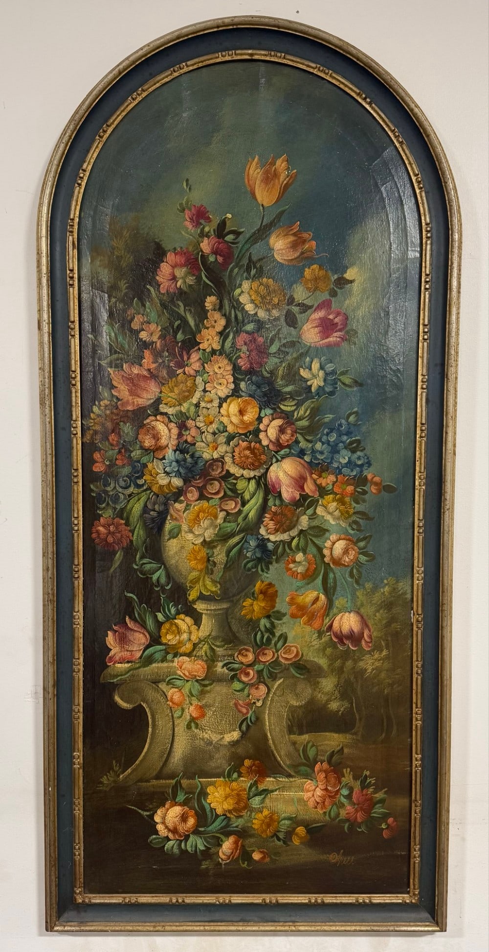 Ohui Floral Still life Arched Oil On Canvas Painting: Oil on canvas painting by artist Ohui. The arched painting features a floral still life. Signed in the lower right. Sight measures approximately 23-1/2" across x 57-1/4" tall. Framed measures 29" acro