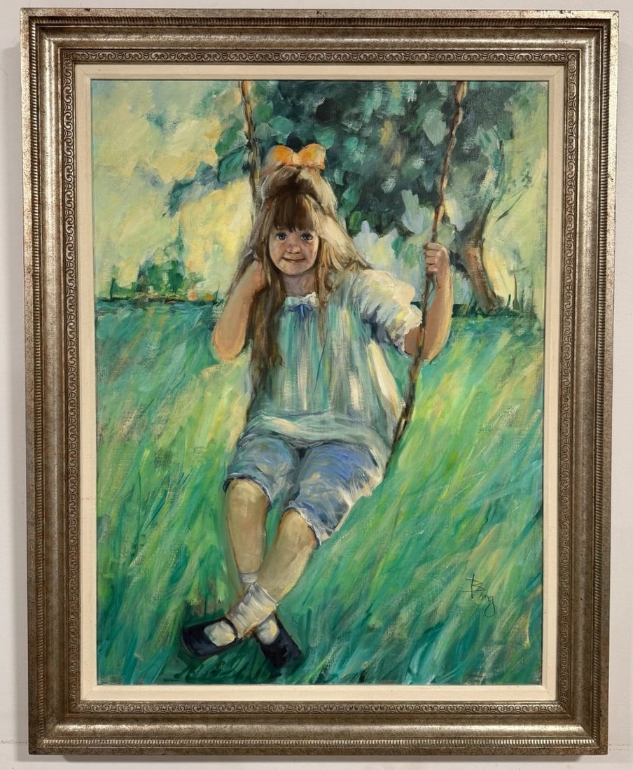 Irene Borg Girl On A Swing Oil On Canvas Painting: Oil on canvas painting by listed United States artist Irene Borg. The painting features a girl on a swing. Signed in the lower right. Sight measures approximately 29-1/2" across x 39-1/2" tall. Framed