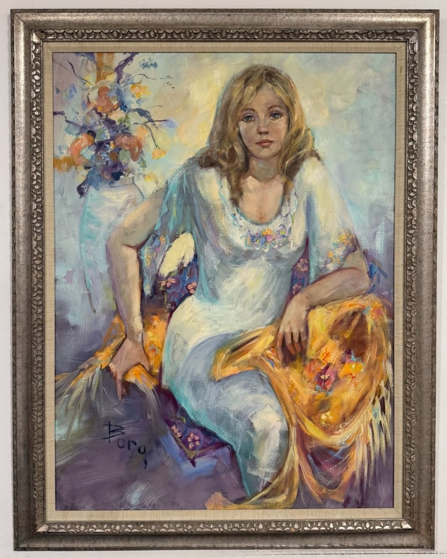 Irene Borg Sitting Young Woman Oil On Canvas Painting: Oil on canvas painting by listed United States artist Irene Borg. The painting features a sitting young woman. Signed in the lower left. Sight measures approximately 29-1/2" across x 39-1/2" tall. Fra
