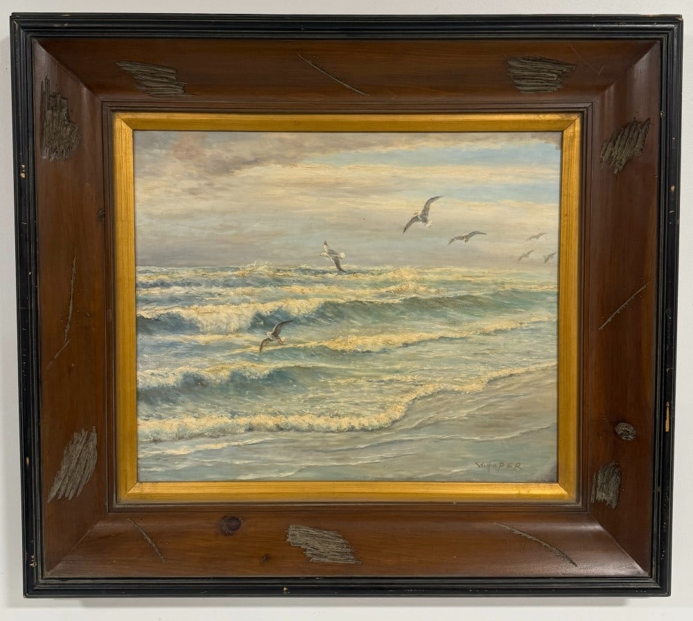 W. Hoper Shoreline Seascape Oil on Canvas Painting (1 of 4)