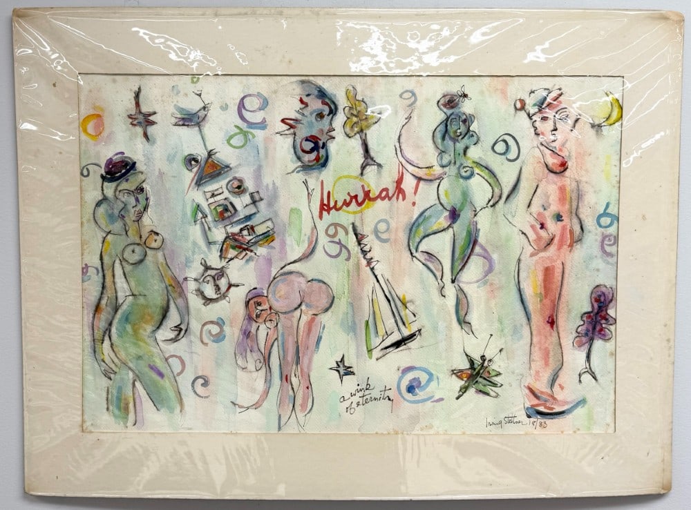 1983 Irving Stettner "Hurrah!" Abstract Watercolor Painting On Paper: Watercolor painting on paper by listed New York artist Irving Stettner (Born 1922). The painting is titled "Hurrah!" and features abstract nudes and other random designs. Signed and dated in the lower