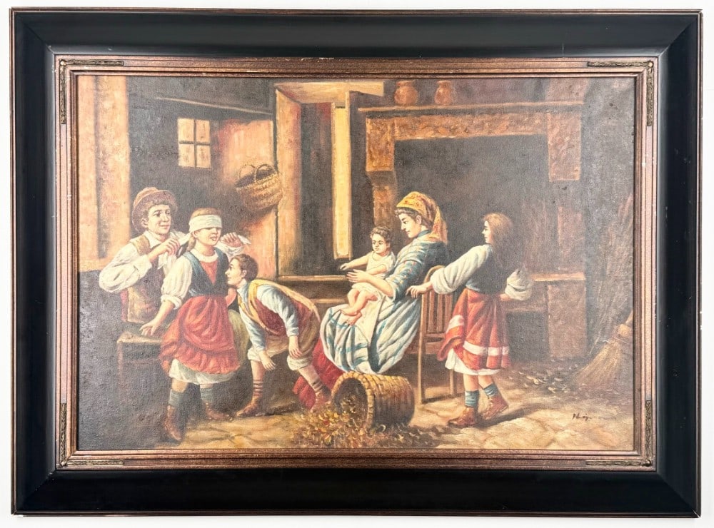 Signed Family Playing Blind Fold Game Oil On Canvas Painting (1 of 5)