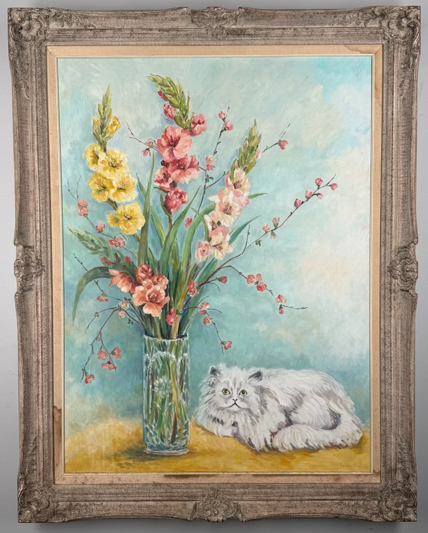 Nelda DeLoach Large Floral Still Life With Cat Oil On Canvas Painting: Oil on canvas painting by artist Nelda DeLoach. The painting features a floral still life with a white cat. Signed in the lower right. Sight measures approximately 29-1/2" across x 39-1/2" tall. Frame