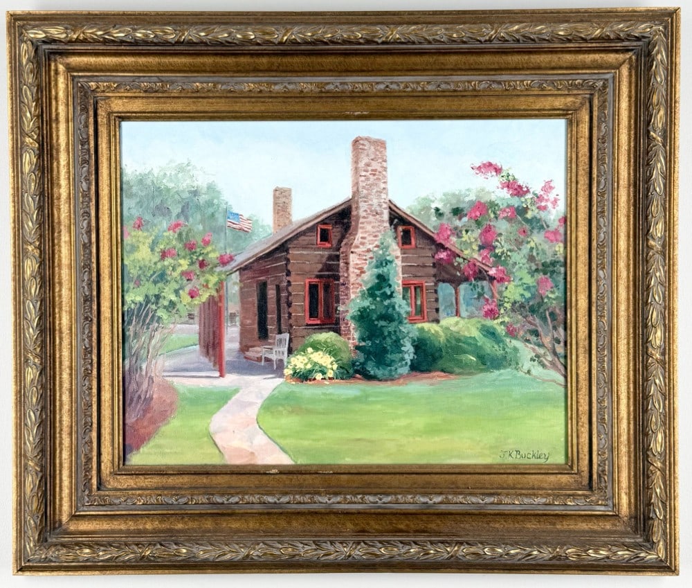 J.K. Buckley "Boy Scouts Cabin" Oil On Canvas Painting: Oil on canvas painting by artist J.K. Buckley. The painting features a Boy Scouts Cabin. Signed in the lower right. Sight measures approximately 17-1/2" across x 13-1/2" tall. Framed measures 25-7/8"