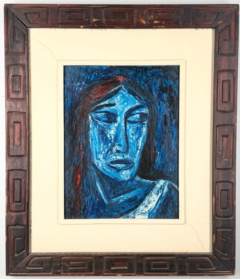 1969 Aad Dan Der Heyde Moorea "Portrait In Blue" Oil On Board Painting: Oil on board painting by listed Tahitian artist Aad Van Der Heyde. The painting is titled Moorea "Portrait In Blue" and is titled and dated on the verso. Signed in the upper left. Has some paint loss