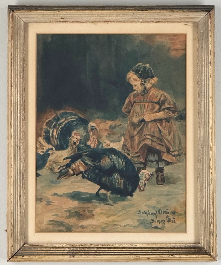 1907 Suhanyi Ono "Girl With Turkeys" Watercolor After Geza Peske (1 of 4)