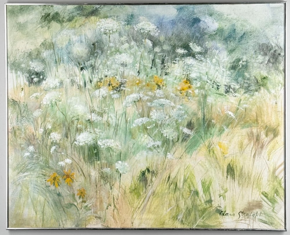 Large Clara Straight "Wild Flowers" Oil On Canvas Painting: Large oil on canvas painting by artist Clara Straight. The painting features wild flowers in a field. Signed in the lower right. Overall measures approximately 42" across x 34-1/4" tall. Has a small t