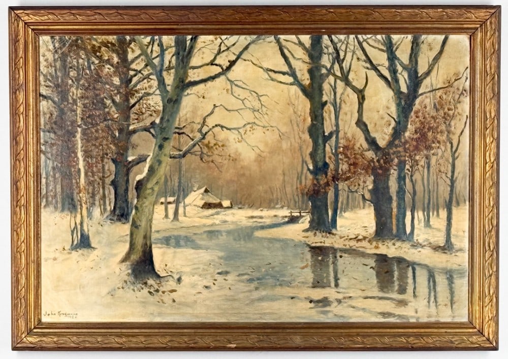 1952 John Krogmann Rural Winter Landscape Oil On Canvas Painting (1 of 4)