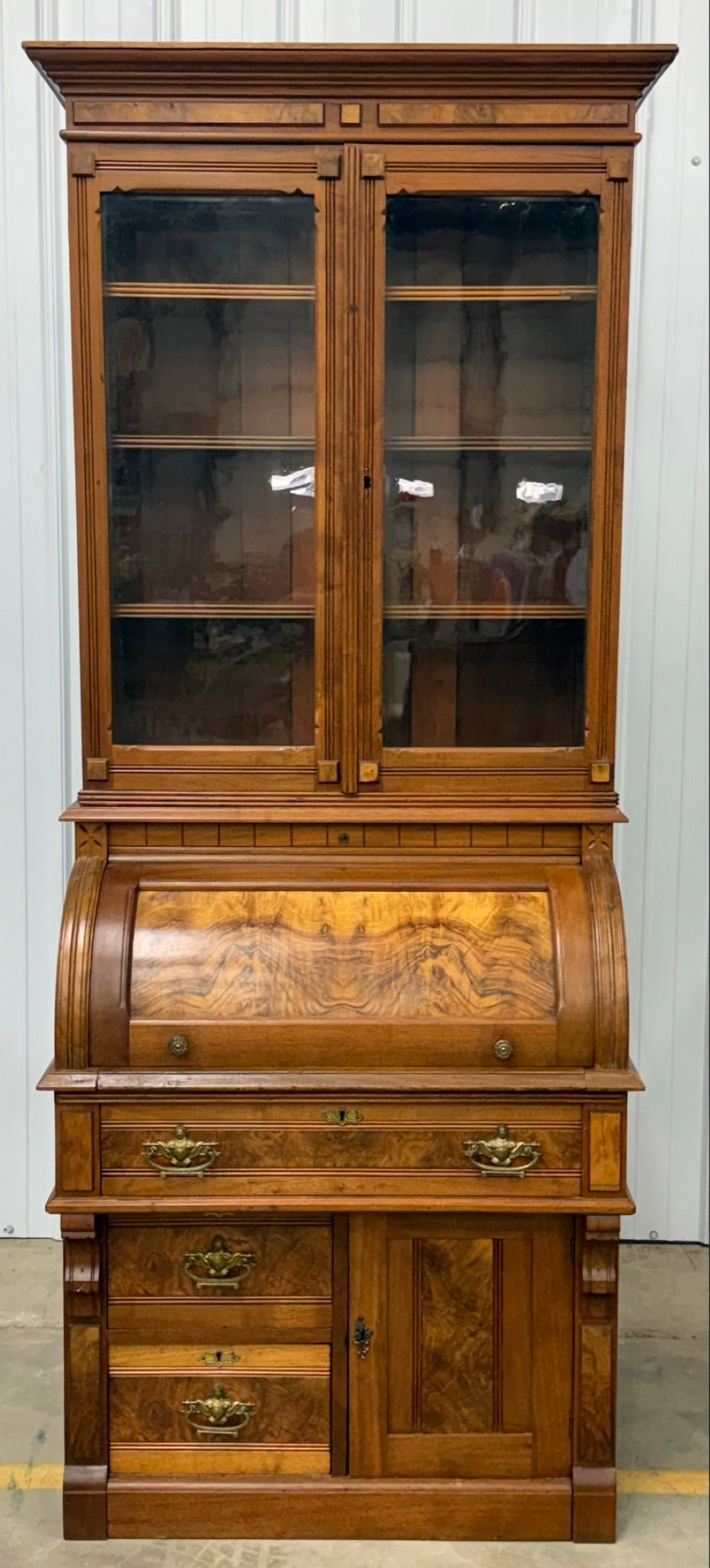 Antique Victorian Walnut & Burl Barrel Cylinder Secretary Bookcase & Desk (1 of 6)