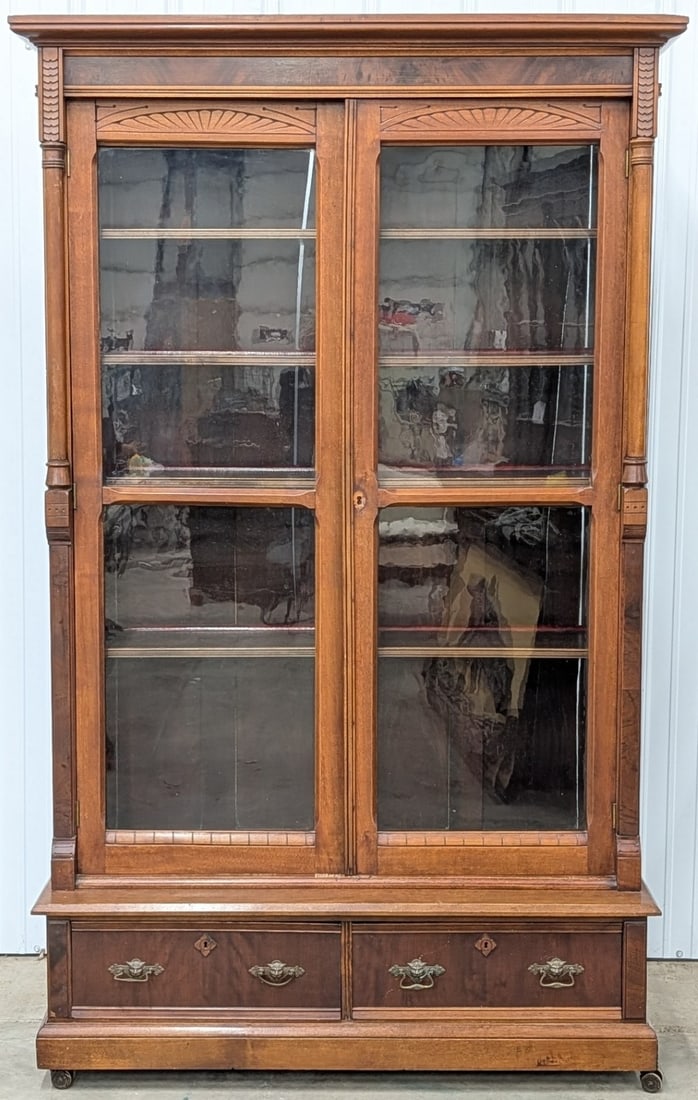 Antique Victorian Eastlake Walnut Double Door Bookcase (1 of 3)