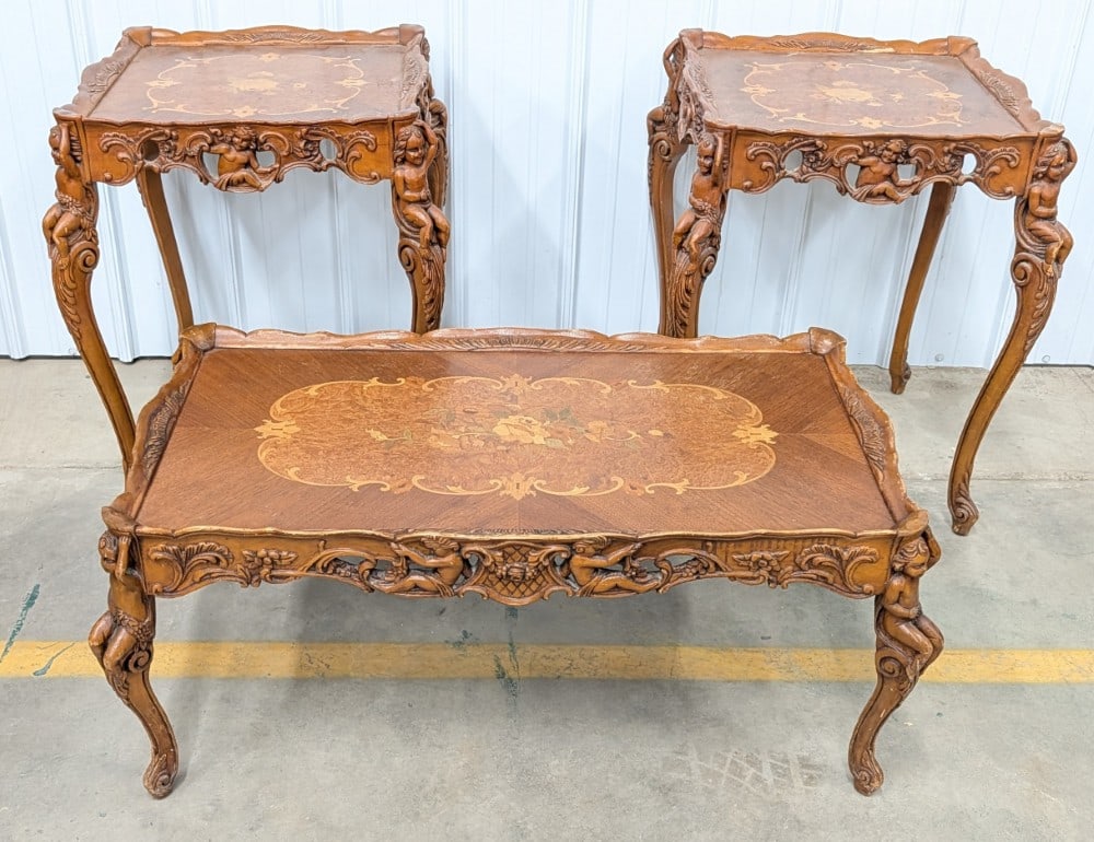 Vintage 3pc. Carved French Louis XV Style Marquetry Inlaid Tables (1 of 10)