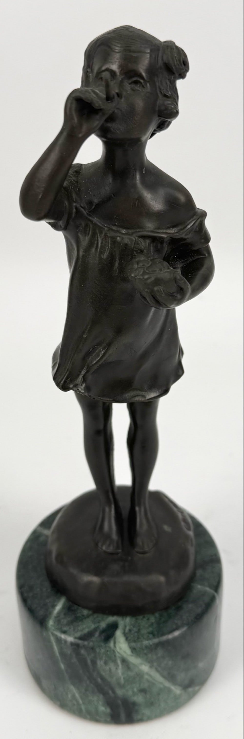 After Crizaro "Girl Blowing Bubbles" Bronze Sculpture: After Cricaro "Girl Blowing Bubbles" Bronze Sculpture. The sculpture comes on a marble base and is signed on the statue base. Displays well and has nice detail. Measures approximately 10-1/2" tall x 3