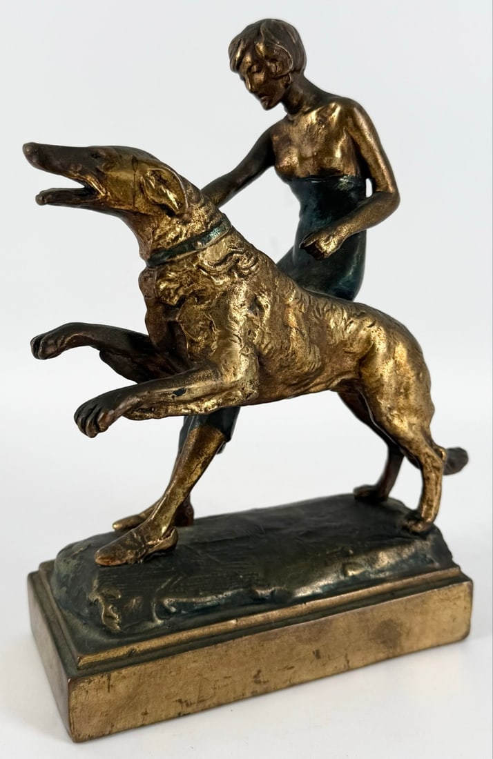 Art Deco "Women and Greyhound" Bronze Sculpture After Josef Lorenzi: Art Deco "Women and Greyhound" Bronze Sculpture After Josef Lorenzi. The sculpture is marked "Pompeian Bronze" on the side on the base. Quality workmanship and detail. Measures approximately 3" deep x