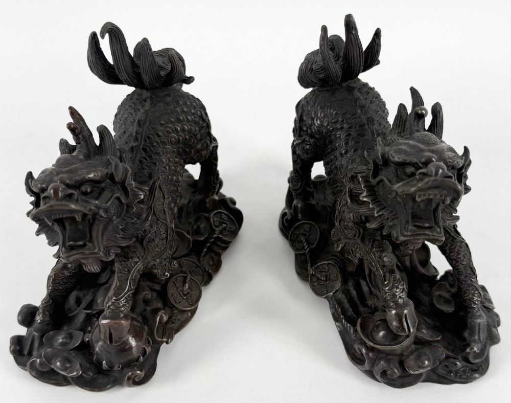 Pair Of Vintage Chinese Qilin Mythical Chimerical Creatures Bronze Statues (1 of 8)