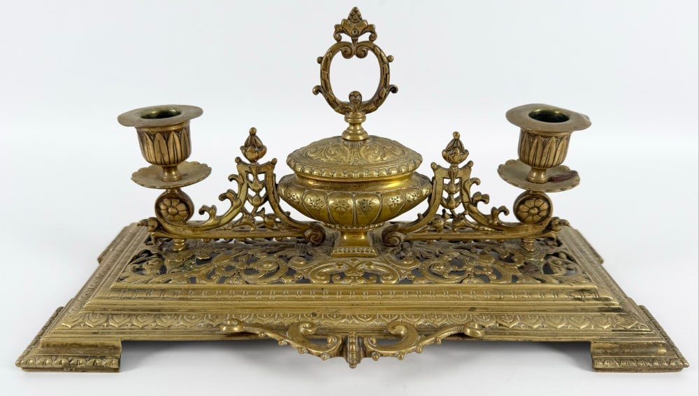 Antique Brass Standish Inkwell With Candleholders (1 of 5)