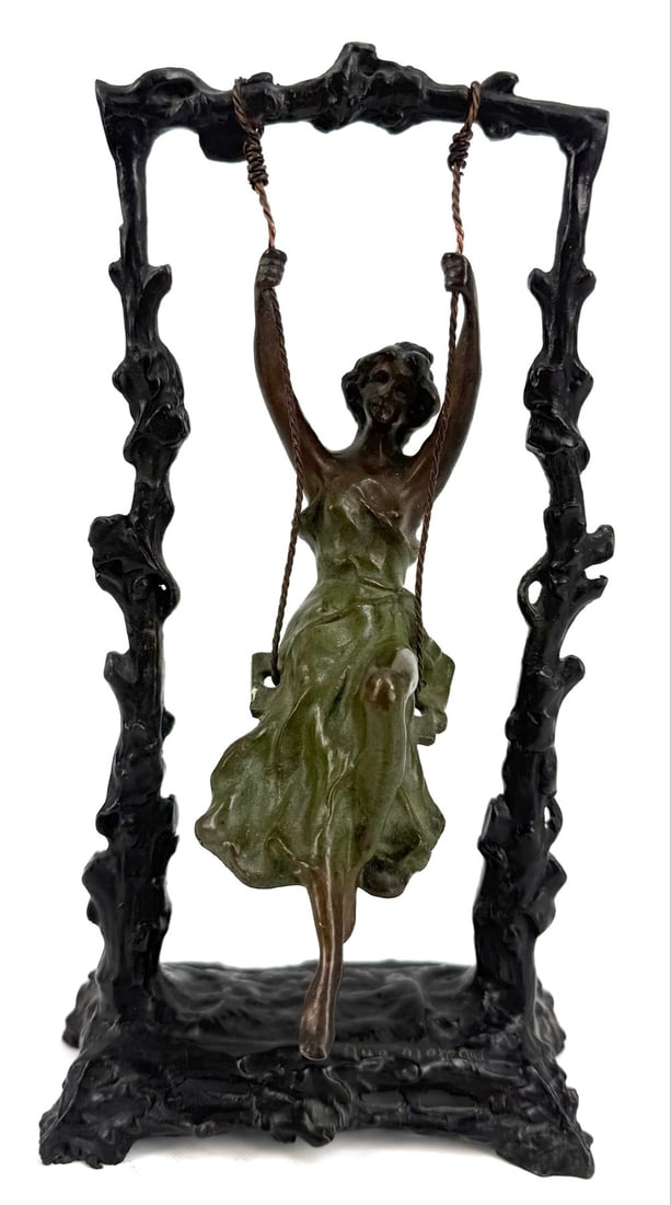 After Auguste Moreau "Girl On Swing" Bronze Sculpture: Bronze Sculpture After Artist Auguste Moreau. The statue is titled "Girl On Swing" and features a green finish on the dress. Quality detail and signed on the base of the sculpture. Measures approximat