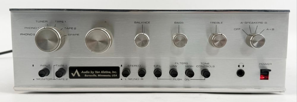 Dynaco Van Alstine PAT-5 Solid State Preamplifier: Dynaco Van Alstine PAT-5 Solid State Preamplifier. Introduced in 1967, this is a vintage, but newer model. The unit powers on and shows some use wear. Measures approximately 4-1/4" tall x 13-3/8" acro