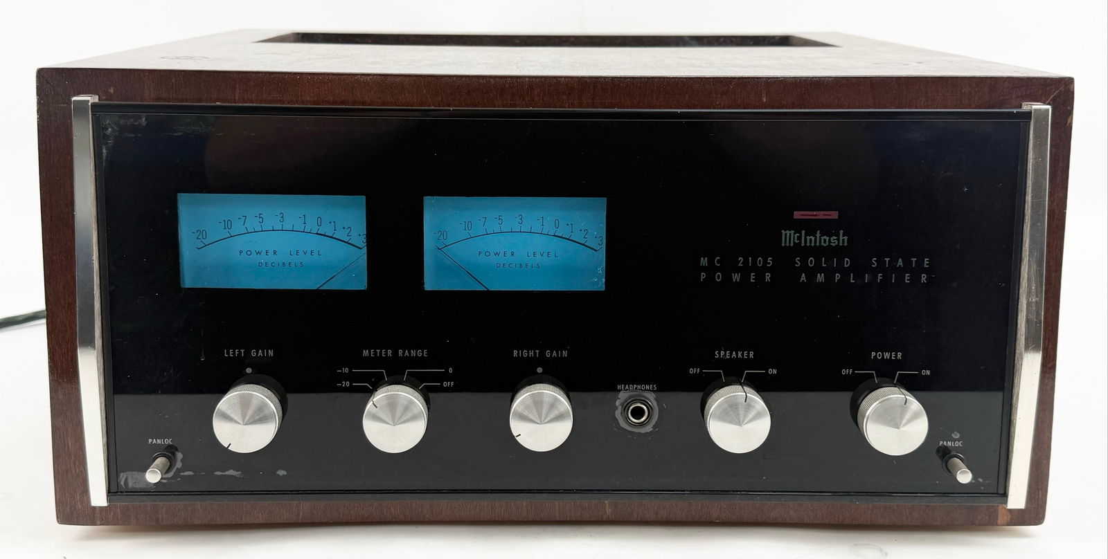 McIntosh MC 2105 Solid State Power Amplifier: McIntosh MC 2105 Solid State Power Amplifier. 105 Watts x 2 Channels. Manufactured 1967-1978. The unit is working and shows some light use wear. Measures approximately 8-1/2" tall x 17-1/2" across x 1