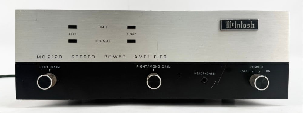 McIntosh MC 2120 2-Channel Solid State Stereo Power Amplifier: McIntosh MC 2120 2-Channel Solid State Stereo Power Amplifier. 120 Watts x 2 Channels, 240 Watts x 1 Channel. Manufactured 1976-1982. The unit is working and shows some light use wear. Measures approx