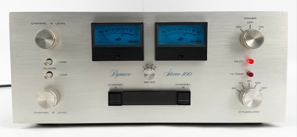 Dynaco Stereo 2-Channel Solid State Stereo Power Amplifier: Dynaco Stereo 400 2-Channel Solid State Stereo Power Amplifier. 200 Watts x 2 Channels. Manufactured in the 1970's. The unit is working and shows some light use wear. Measures approximately 7-1/4" tal