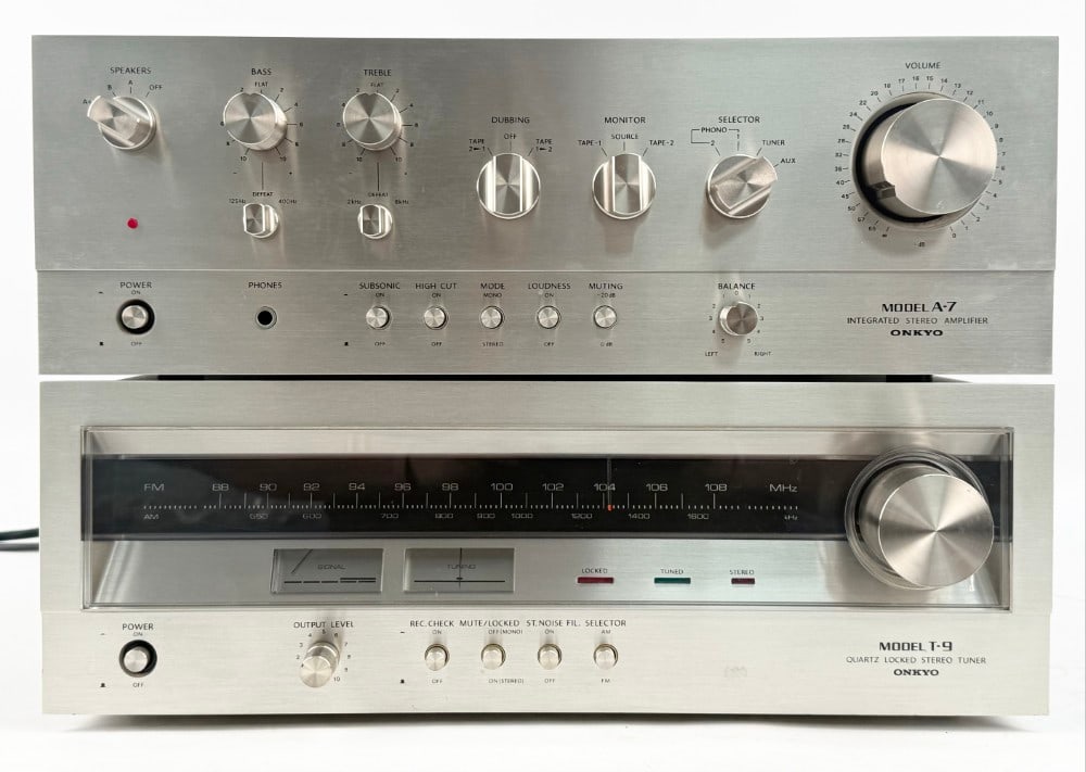 Onkyo A-7 Integrated Stereo Amplifier & Onkyo T-9 Quartz Locked Stereo Tuner: Onkyo A-7 Integrated Stereo Amplifier & Onkyo T-9 Quartz Locked Stereo Tuner. Both units were manufactured in the 1970's. The amp is 68 Watts x 2 Channels, AM/FM Tuner. Both units are working and show