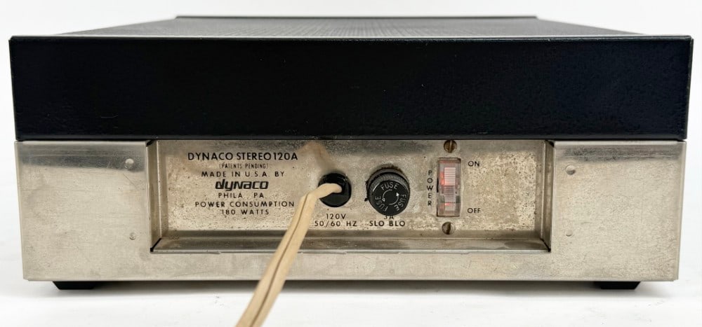 Dynaco Stereo 120A 2-Channel Solid State Stereo Power Amplifier: Dynaco 2-Channel Solid State Stereo Power Amplifier. 60 Watts x 2 Channels. Manufactured 1970's. The unit powers on and shows some use wear. Measures approximately 4" tall x 10-1/4" across x 13" deep.