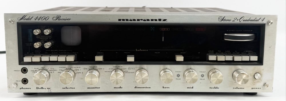 Marantz Model 4400 Stereo 2 + Quadradial 4 Receiver: Marantz Model 4400 Stereo 2 + Quadradial 4 Receiver. Manufactured 1974-1978. 125 Watts X 2 or 50 Watts x 4. Known for its iconic oscilloscope display. The unit powers on and shows some use wear, needs