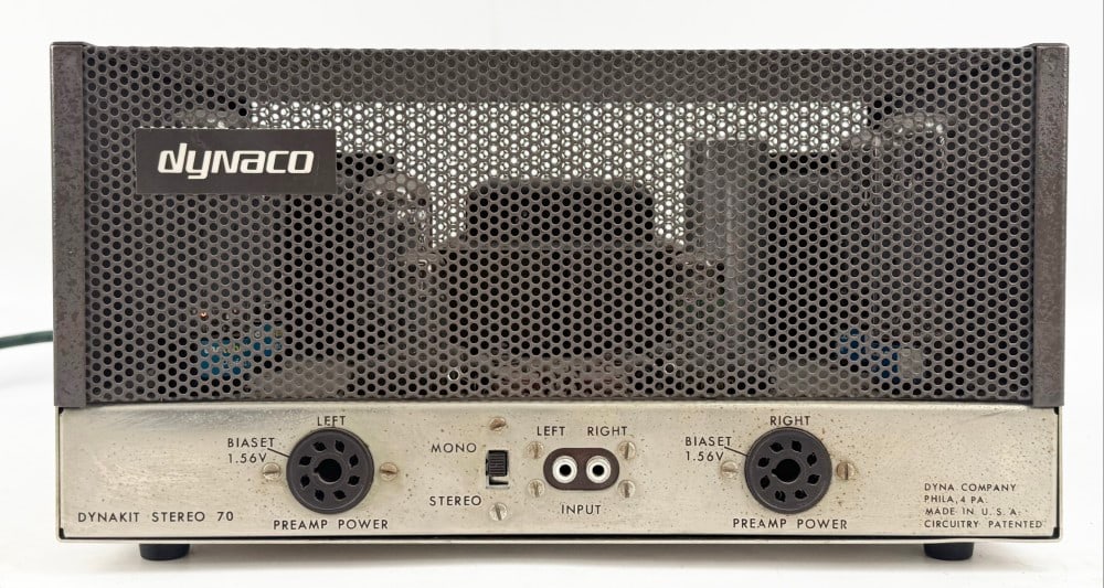 Dynaco Dynakit Stereo 70 2-Channel Tube Amplifier: Dynaco Dynakit Stereo 70 2-Channel Tube Amplifier. 35 Watts x 2 Channels. Manufactured from 1959 into the 1970's. The unit powers-up and shows some average use wear. Measures approximately 7" tall x 1