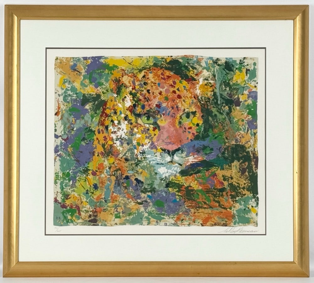 LeRoy Neiman "Portrait Of The Leopard" Limited Edition Signed & Numbered Serigraph: Framed limited edition serigraph by listed New York, Minnesota, Illinois artist LeRoy Neiman (1921-2012). The serigraph is titled "Portrait of the Leopard" and is framed and matted under plexiglass. S