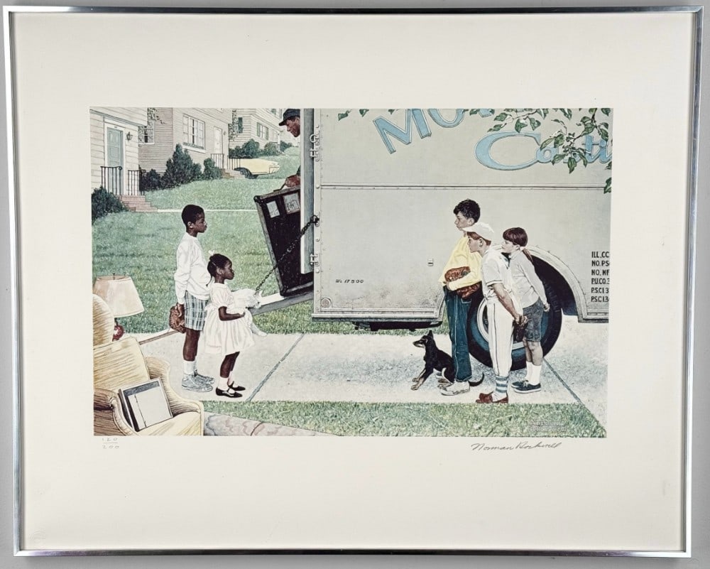 Norman Rockwell "Moving Day" Limited Edition Signed & Numbered Print: Framed limited edition print by listed New York, Massachusetts artist Norman Rockwell (1894-1978). The print is titled "Moving Day" and is framed, missing the glass. Signed in pencil in the lower righ