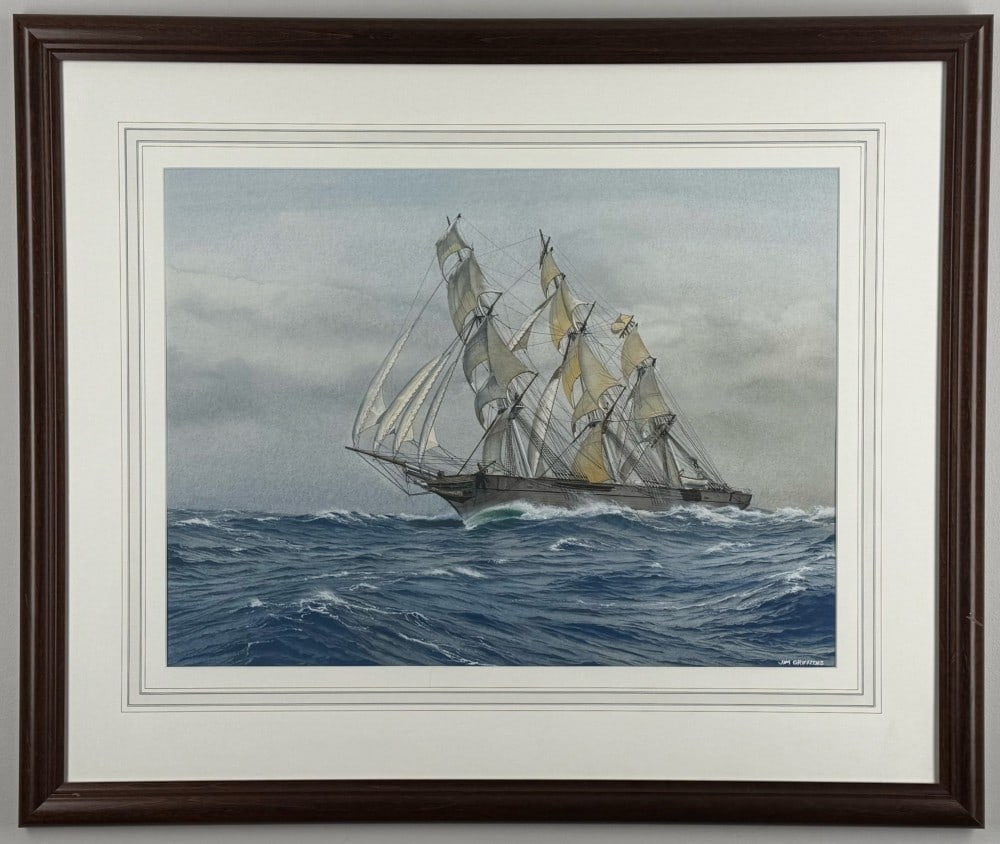 1984 James Griffiths "Racing Home" British Tea Clipper Spindrift Watercolor Painting: Beautiful watercolor on paper painting by listed Illinois artist James Griffiths (Born 1947). The painting is titled "Racing Home" and features the British Tea Clipper "Spindrift" running hard. Signed