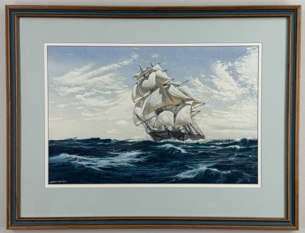 1983 James Griffiths "Fast Ellen" British Tea Clipper Ellen Rodger Watercolor Painting: Beautiful watercolor on paper painting by listed Illinois artist James Griffiths (Born 1947). The painting is titled "Fast Ellen" and features the British Tea Clipper "Ellen Rodger" running fast. Sign